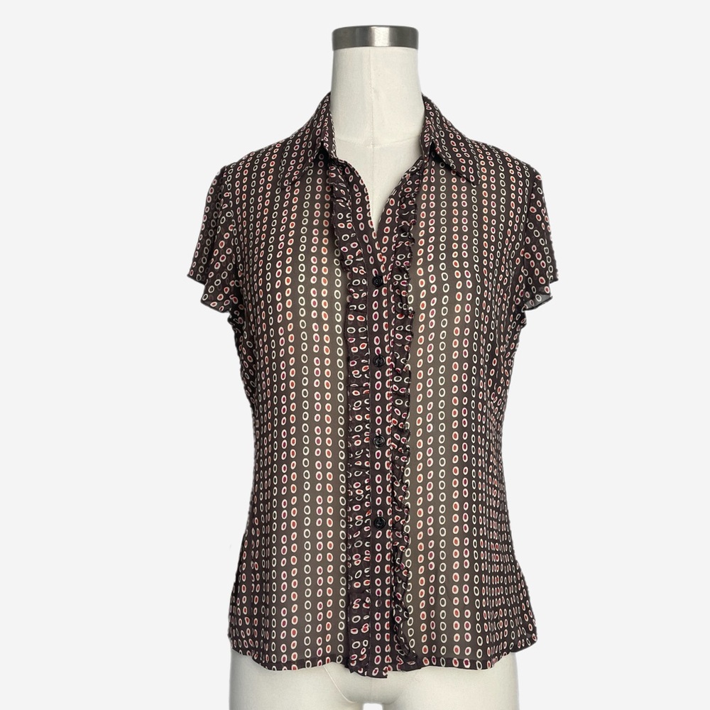 Worthington Brown sheer ruffle collared button up blouse polka dot mod fall S/M